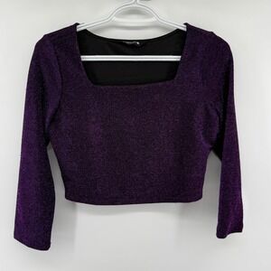 Y2K Club Crop Top Women Small Purple Glitter Metallic Long Sleeve Party FabAlley